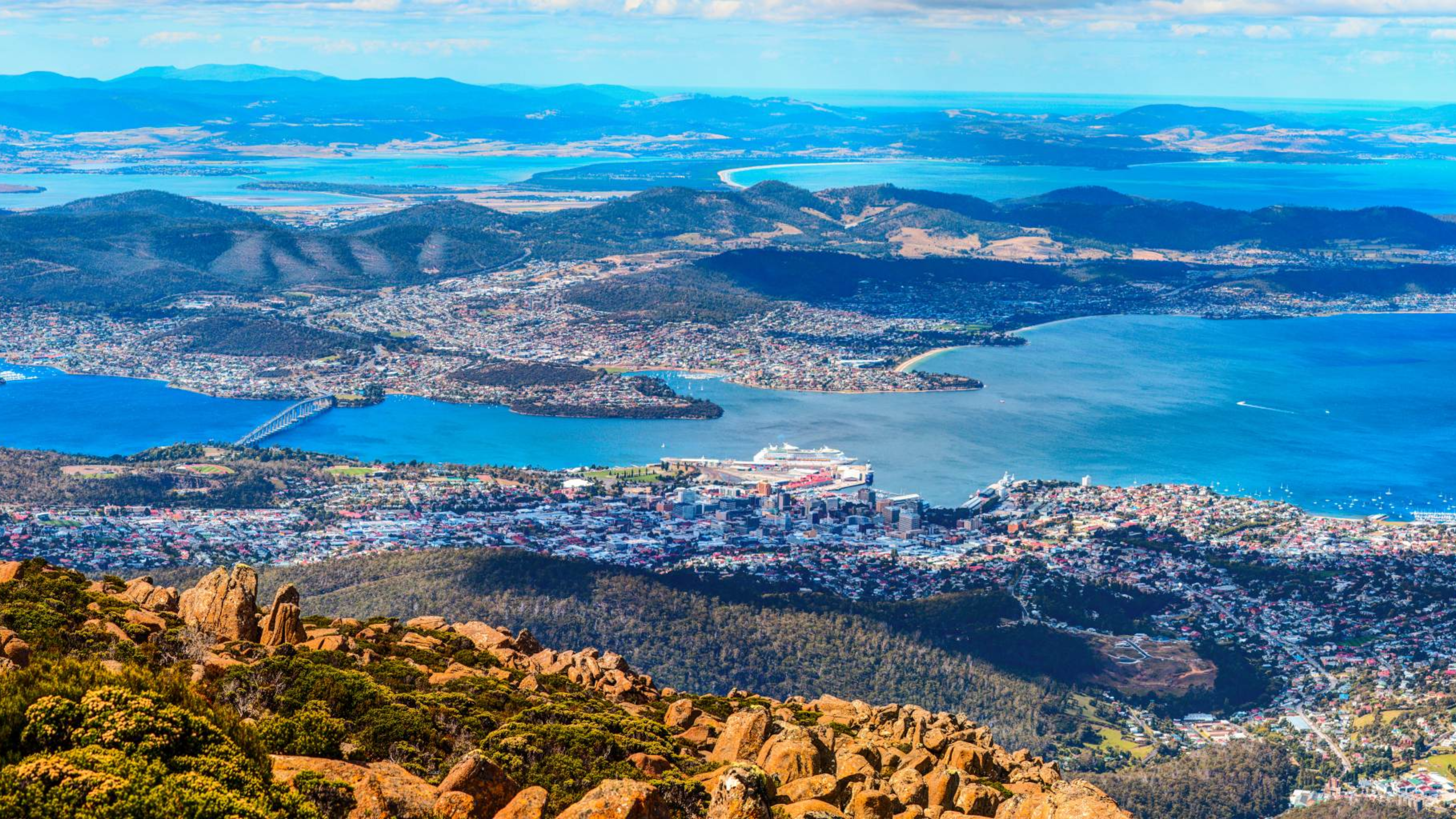 Tasmania, Australia — coastal landscape with mountains and harbor