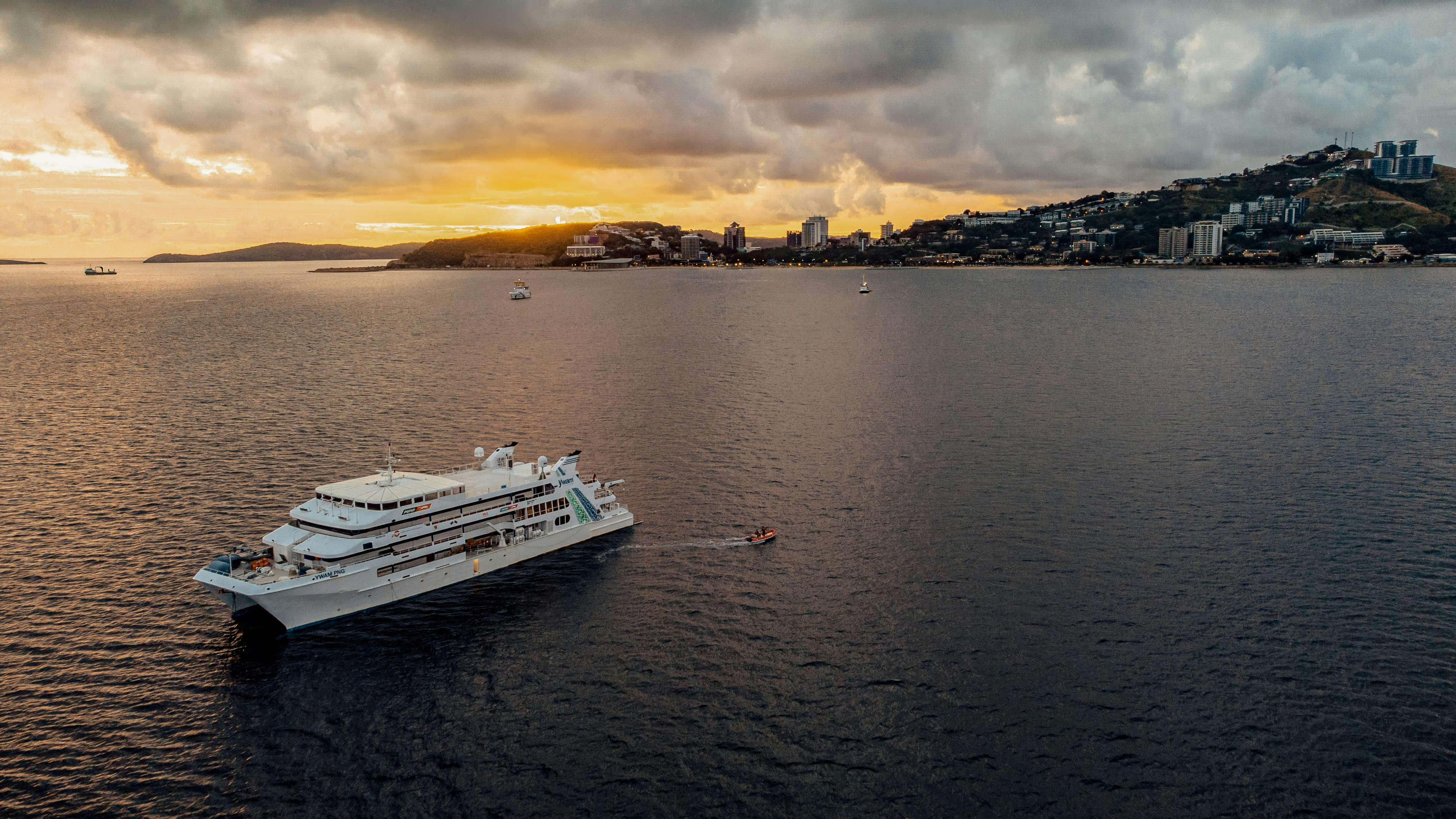 Cruise ship at sunset, Mediterranean